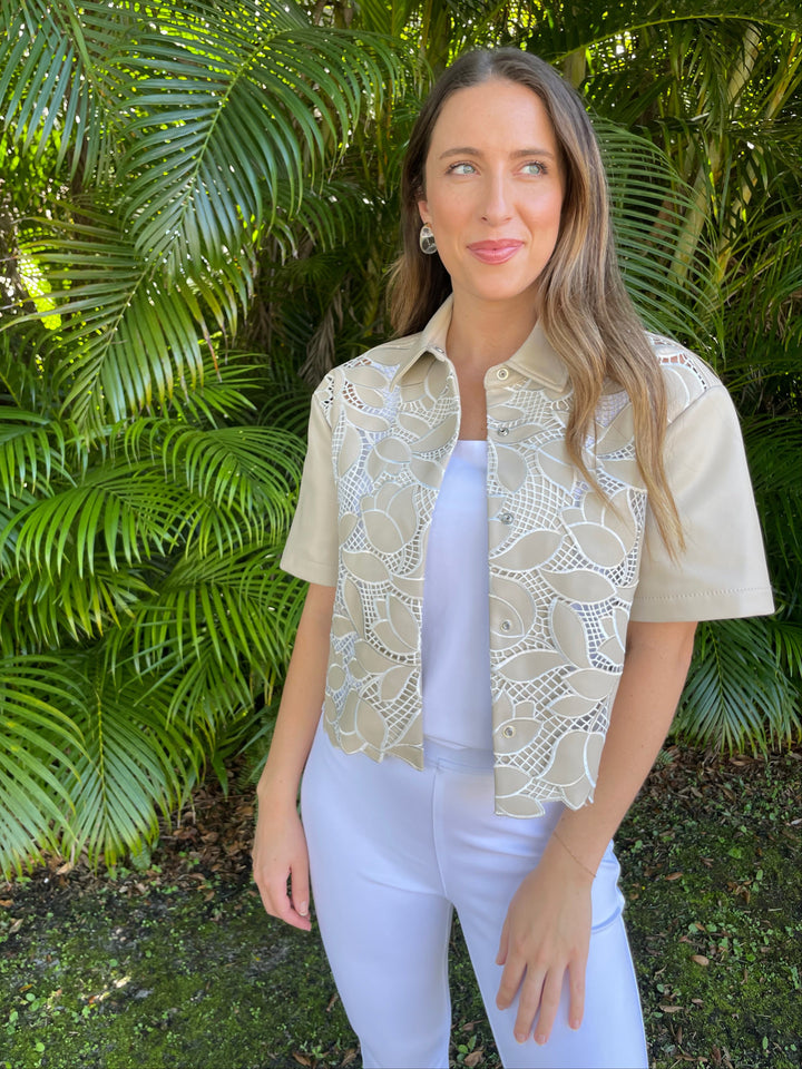 Simkhai The Robinson Embroidered Camp Shirt in Sand Multi paired with Lysse Ankle Denim Baby Bootcut Pants in White available at Barbara Katz