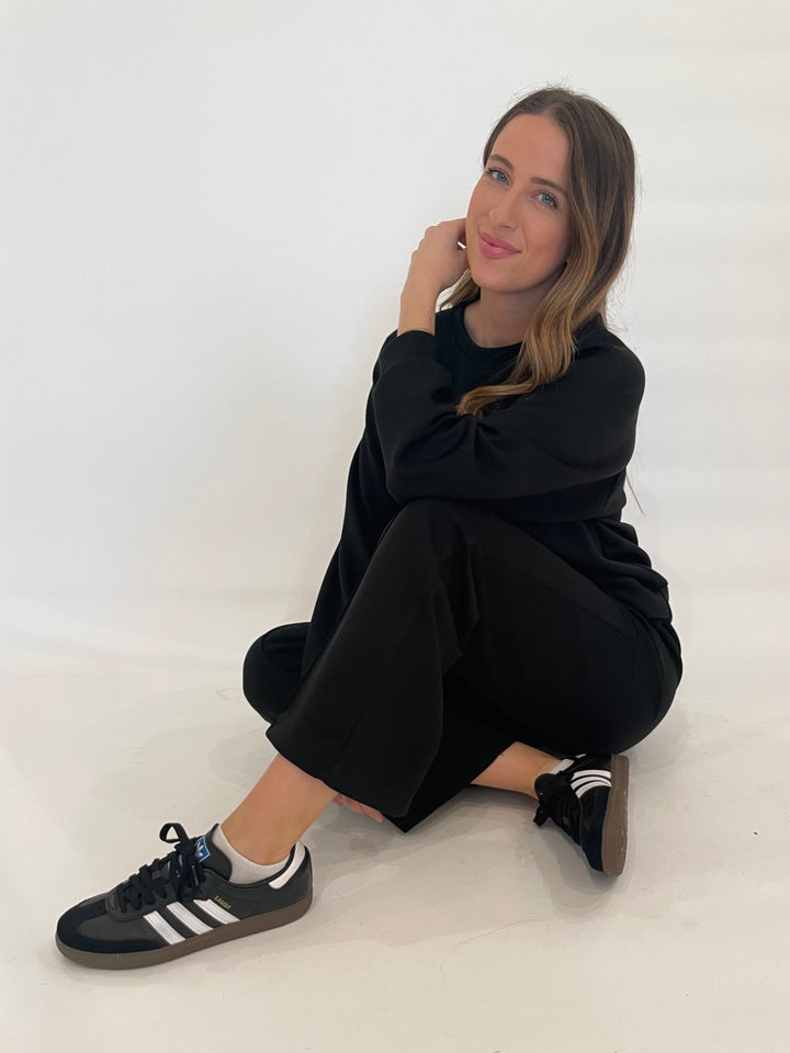 BK Soft Touch Raglan Sweatshirt in Black paired with matching BK Drawstring Sweatpants in Black available at Barbara Katz