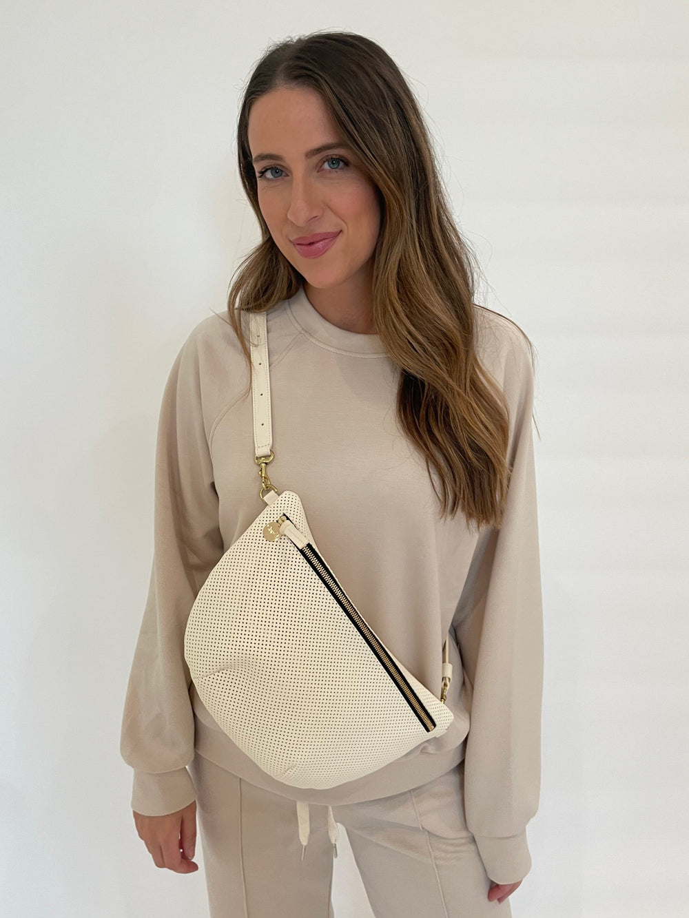 BK Soft Touch Raglan Sweatshirt in Beige with Clare V Grande Fanny Bag in Cream Perf available at Barbara Katz
