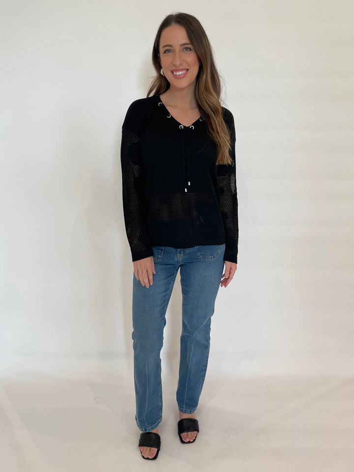 BK Talia V-Neck Sweater in Black paired with Elliott Lauren Straight Leg Jean With Patch Pocket available at Barbara Katz