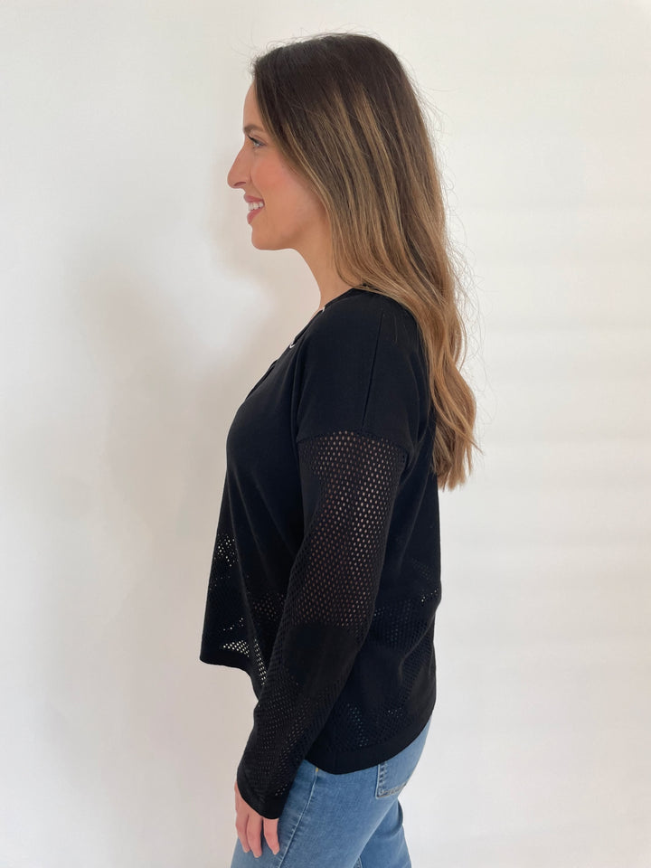 BK Talia V-Neck Long Mesh Sleeve Sweater in Black available at Barbara Katz
