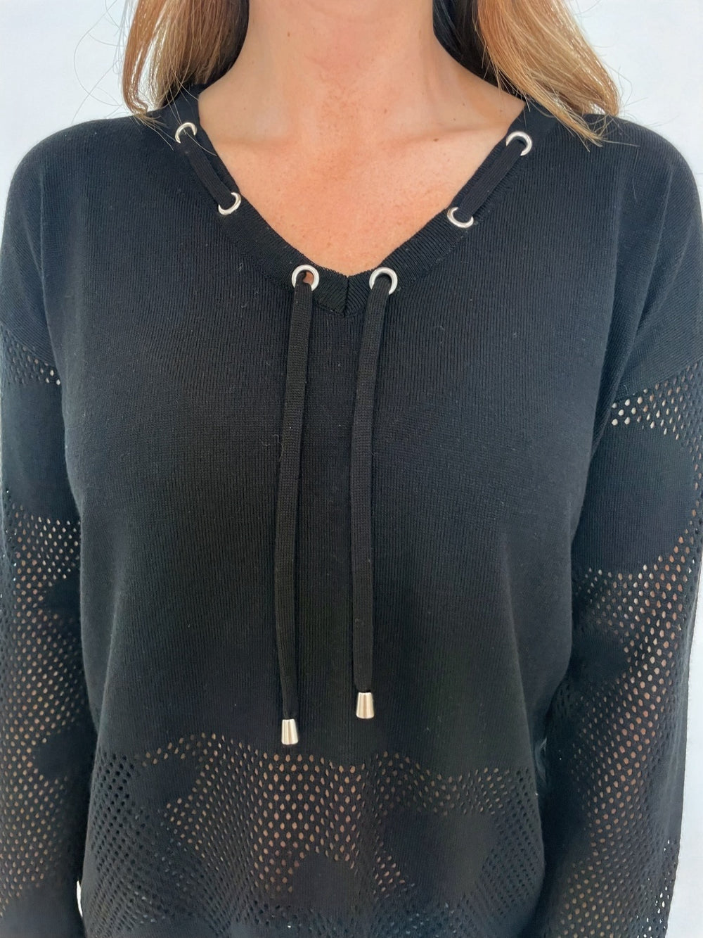 BK Talia V-Neck Drawstring Sweater in Black available at Barbara Katz