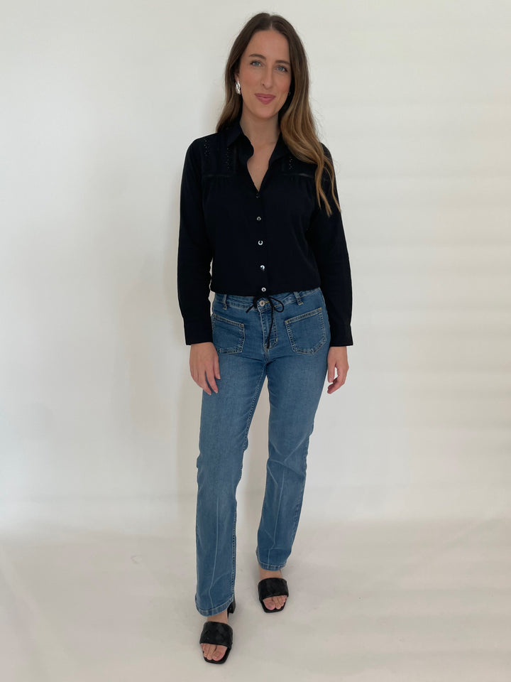 BK Dennis Button Down Shirt in Black paired with Elliott Lauren Straight Leg Jeans With Patch Pocket in Navy available at Barbara Katz
