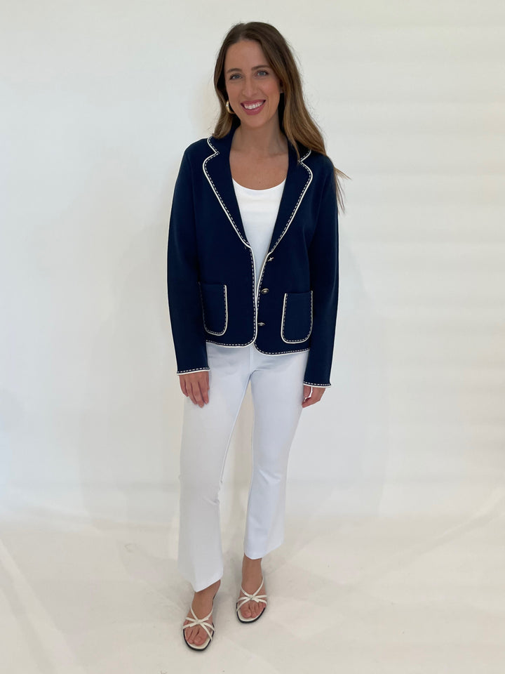 Bk Sheila Stitch Pocket Blazer in Navy/White paired with Lysse Ankle Denim Baby Bootcut Pants in White available at Barbara Katz