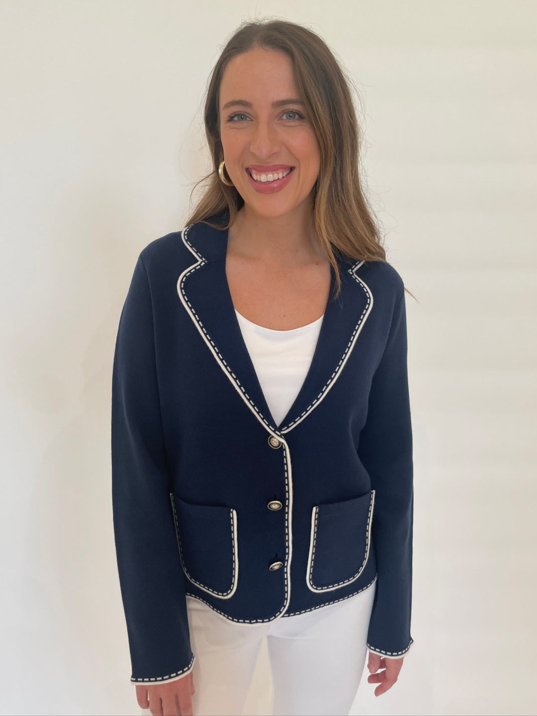 Bk Sheila Stitch Pocket Blazer in Navy/White available at Barbara Katz