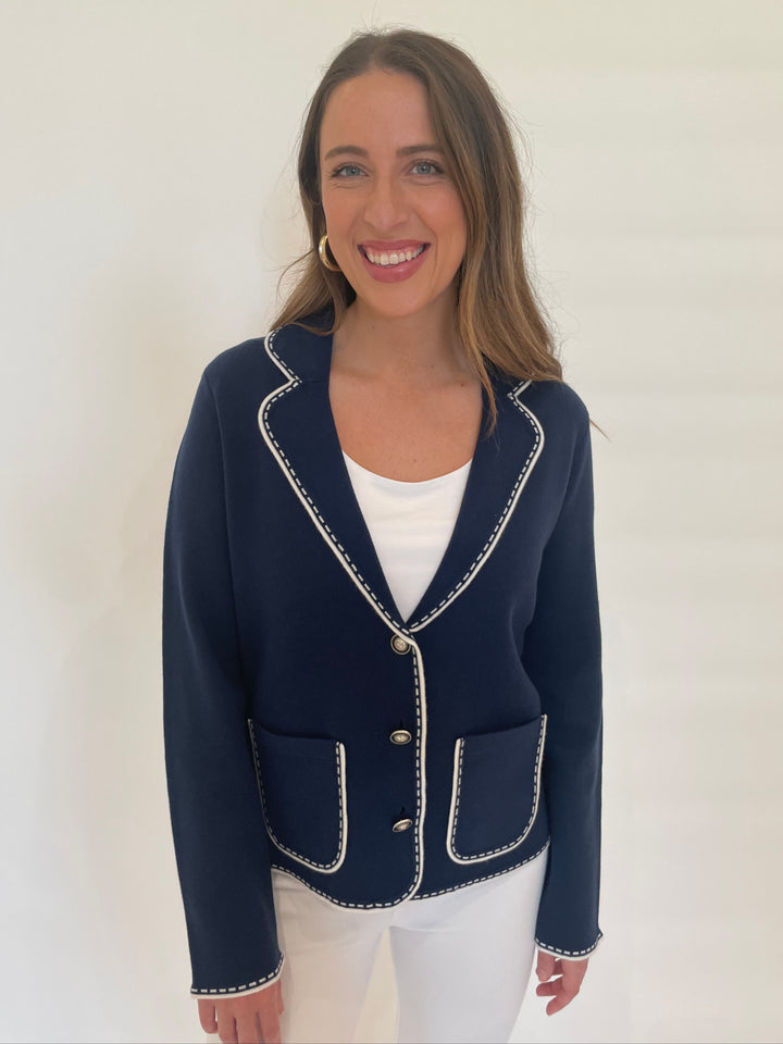 Bk Sheila Stitch Pocket Blazer in Navy/White available at Barbara Katz