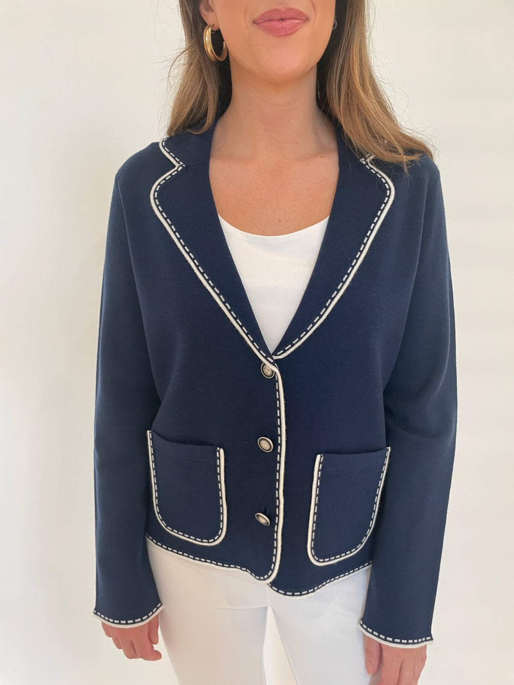 Bk Sheila Stitch Pocket Blazer in Navy/White with Hinson Wu Sleeveless Scoop Tank Top in White underneath available at Barbara Katz