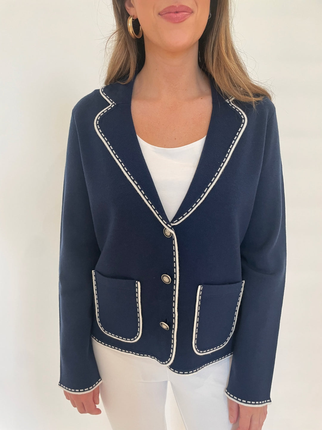 Bk Sheila Stitch Pocket Blazer in Navy/White with Hinson Wu Sleeveless Scoop Tank Top in White underneath available at Barbara Katz
