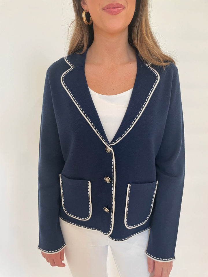 Bk Sheila Stitch Pocket Blazer in Navy/White with Hinson Wu Sleeveless Scoop Tank Top in White underneath available at Barbara Katz