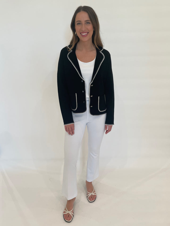 Bk Sheila Stitch Pocket Blazer in Black/White paired with Lysse Ankle Denim Baby Bootcut Pants in White available at Barbara Katz