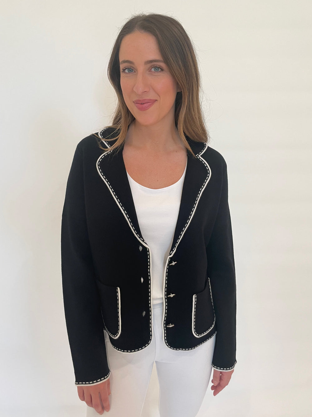 Bk Sheila Stitch Pocket Blazer in Black/White with Hinson Wu Sleeveless Scoop Tank Top in White underneath available at Barbara Katz