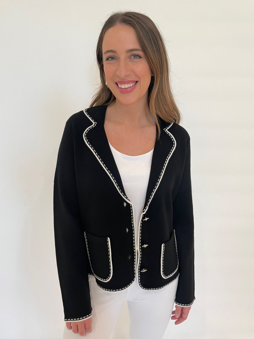 Bk Sheila Stitch Pocket Blazer in Black/White available at Barbara Katz