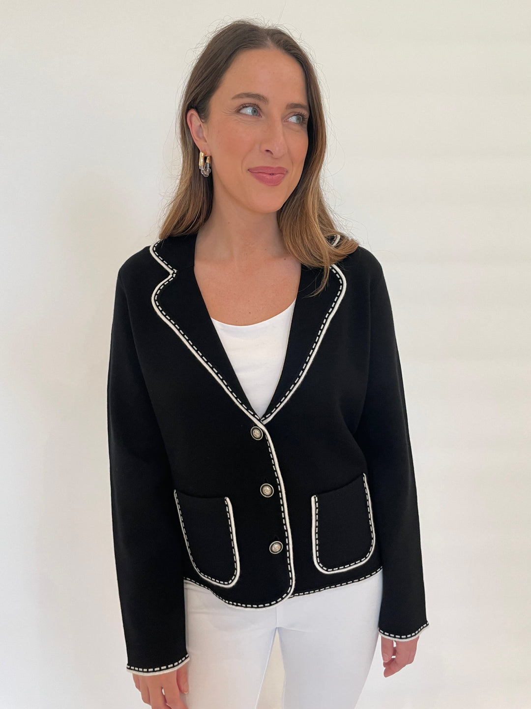 Bk Sheila Stitch Pocket Blazer in Black/White available at Barbara Katz