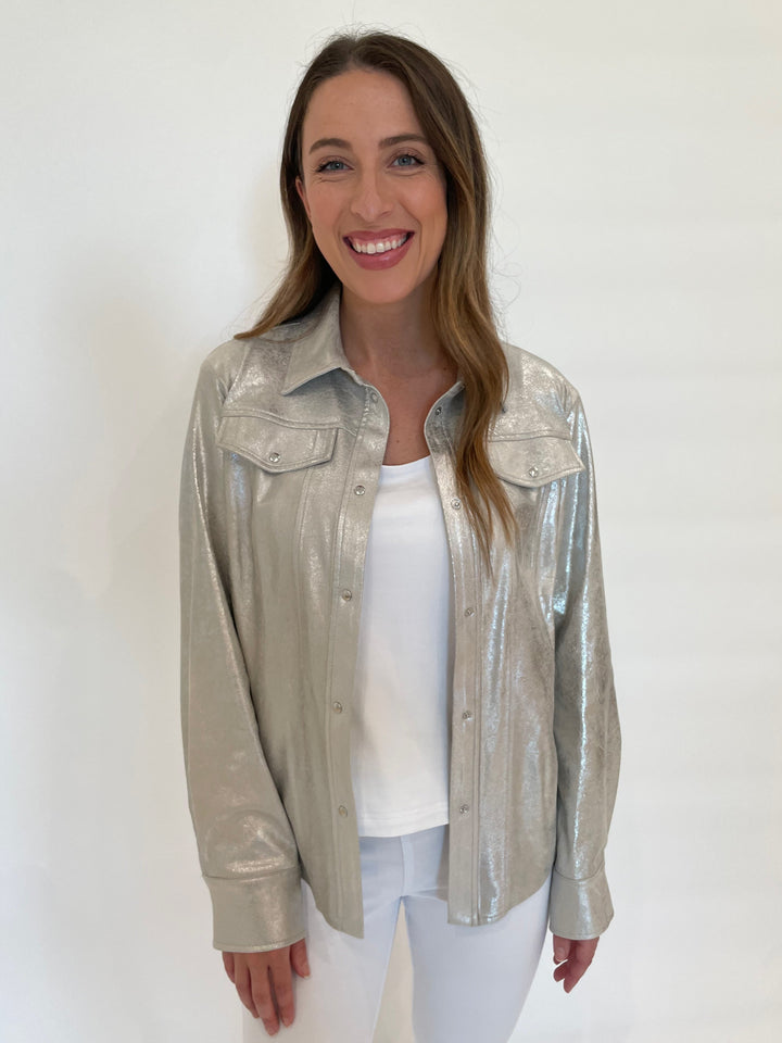 BK Airy Snap Button Shirt Jacket in Silver available at Barbara Katz
