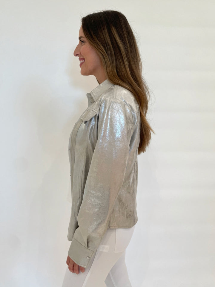 BK Airy Long Sleeve Shirt Jacket in Silver available at Barbara Katz
