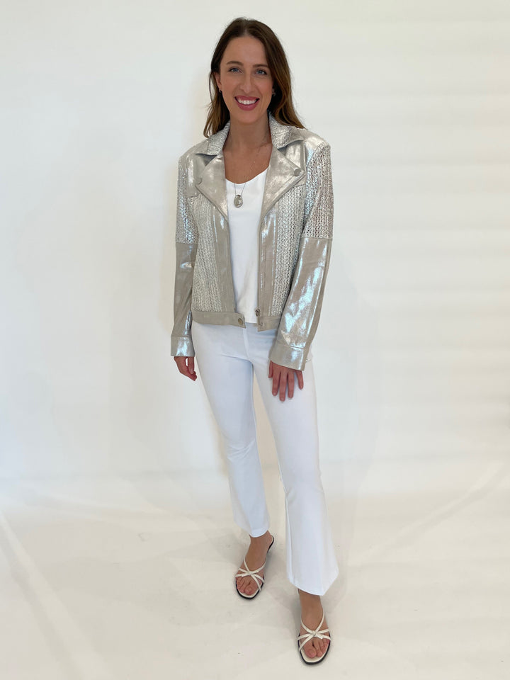 BK Kori Knit Mesh Jacket in Metallic Silver paired with Lysse Baby Bootcut Pants in White available at Barbara Katz