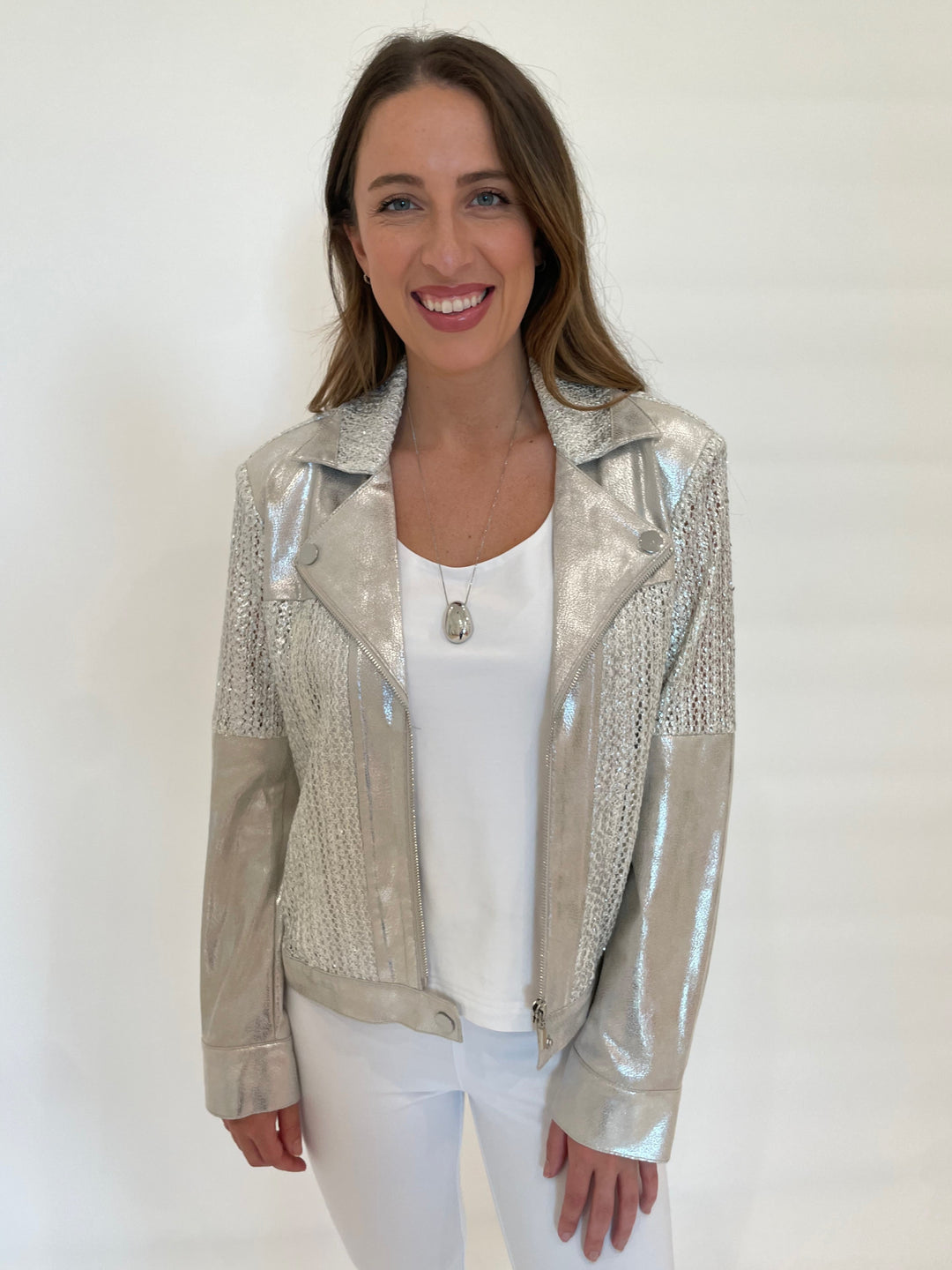 BK Kori Knit Mesh Jacket in Silver with Hinson Wu Scoop Neck Tank Top in White underneath available at Barbara Katz