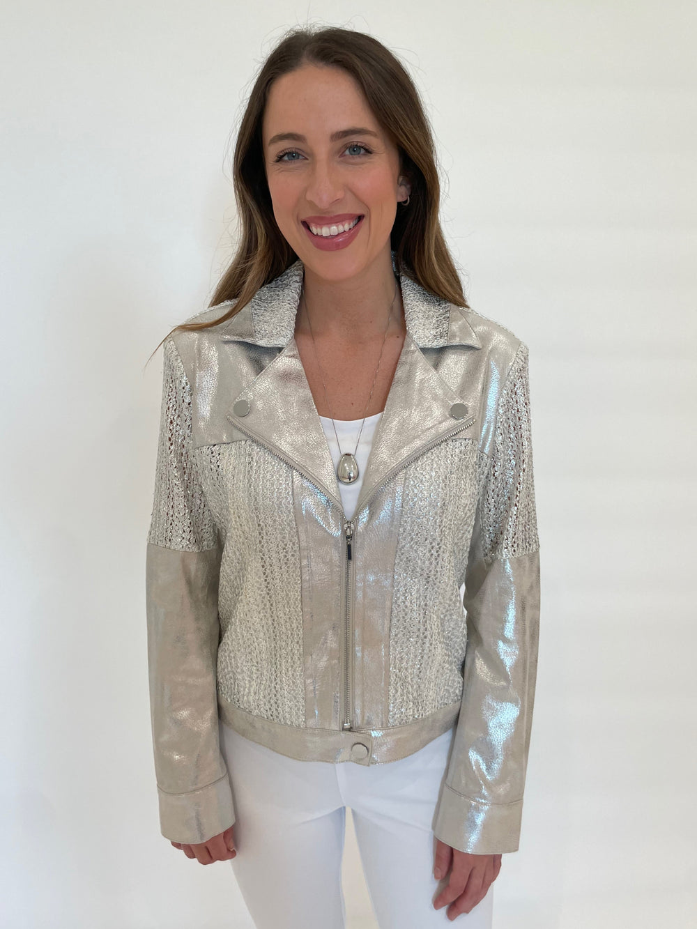 BK Kori Knit Mesh Jacket in Silver available at Barbara Katz