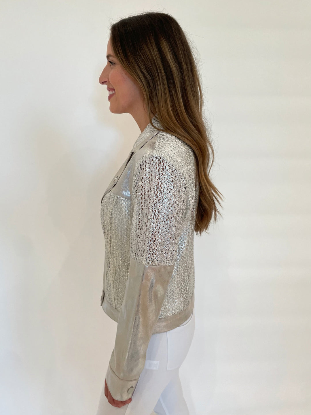 BK Kori Knit Mesh Long Sleeve Jacket in Silver available at Barbara Katz