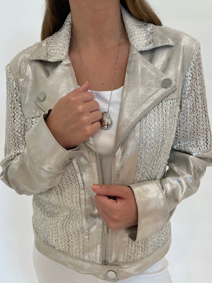 BK Kori Knit Mesh Jacket in Metallic Silver available at Barbara Katz