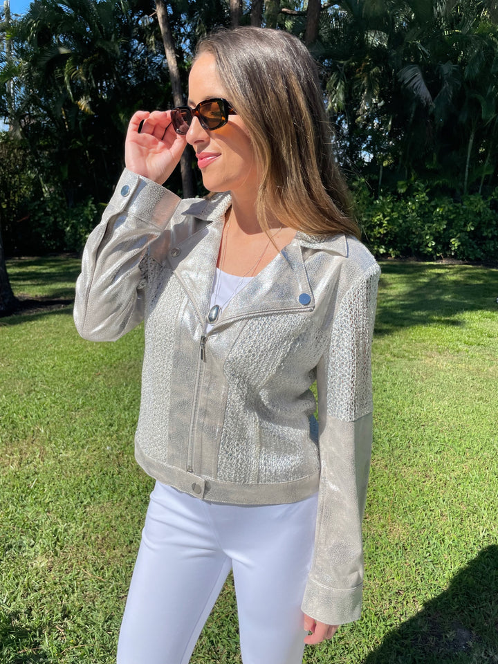 BK Kori Knit Mesh Jacket in Metallic Silver paired with Lysse Ankle Denim Baby Bootcut Pants in White available at Barbara Katz