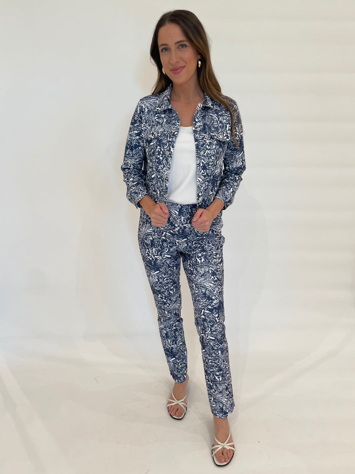 Peace of Cloth Leaf Jean Jacket with Hinson Wu White Scoop Neck Tank Top underneath, paired with matching Leaf Annie Pants available at Barbara Katz