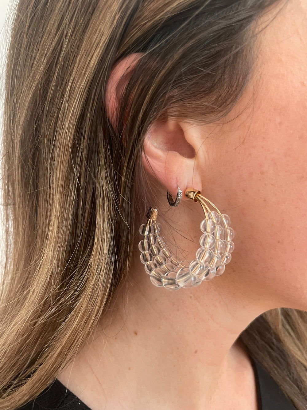 BK Jewelry Rory 3 Layered Ice Rondelle Hoop Earrings in Clear/Gold available at Barbara Katz
