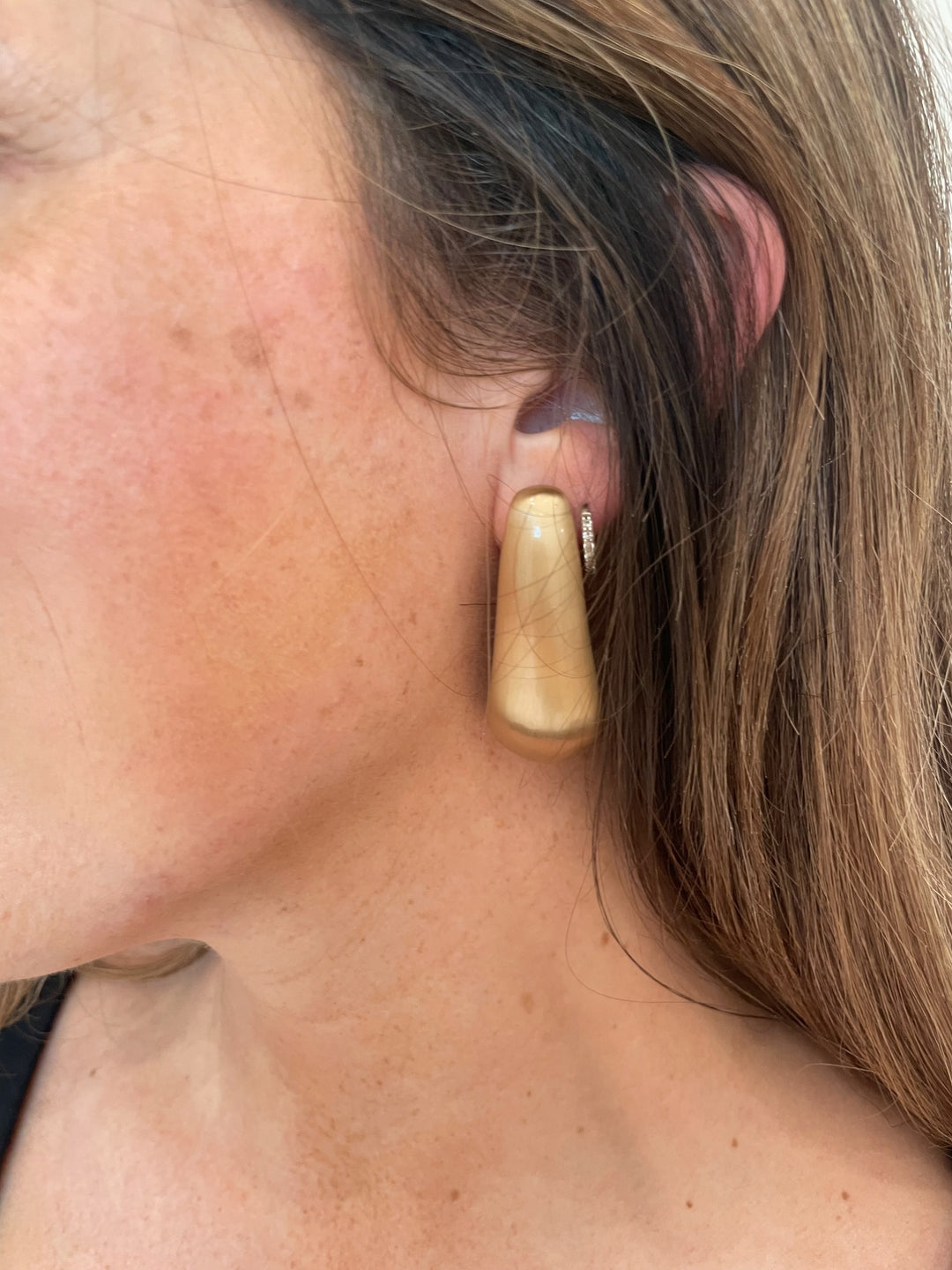 BK Jewelry Suzie Satin Long Teardrop Hoop Earrings in Satin Gold available at Barbara Katz