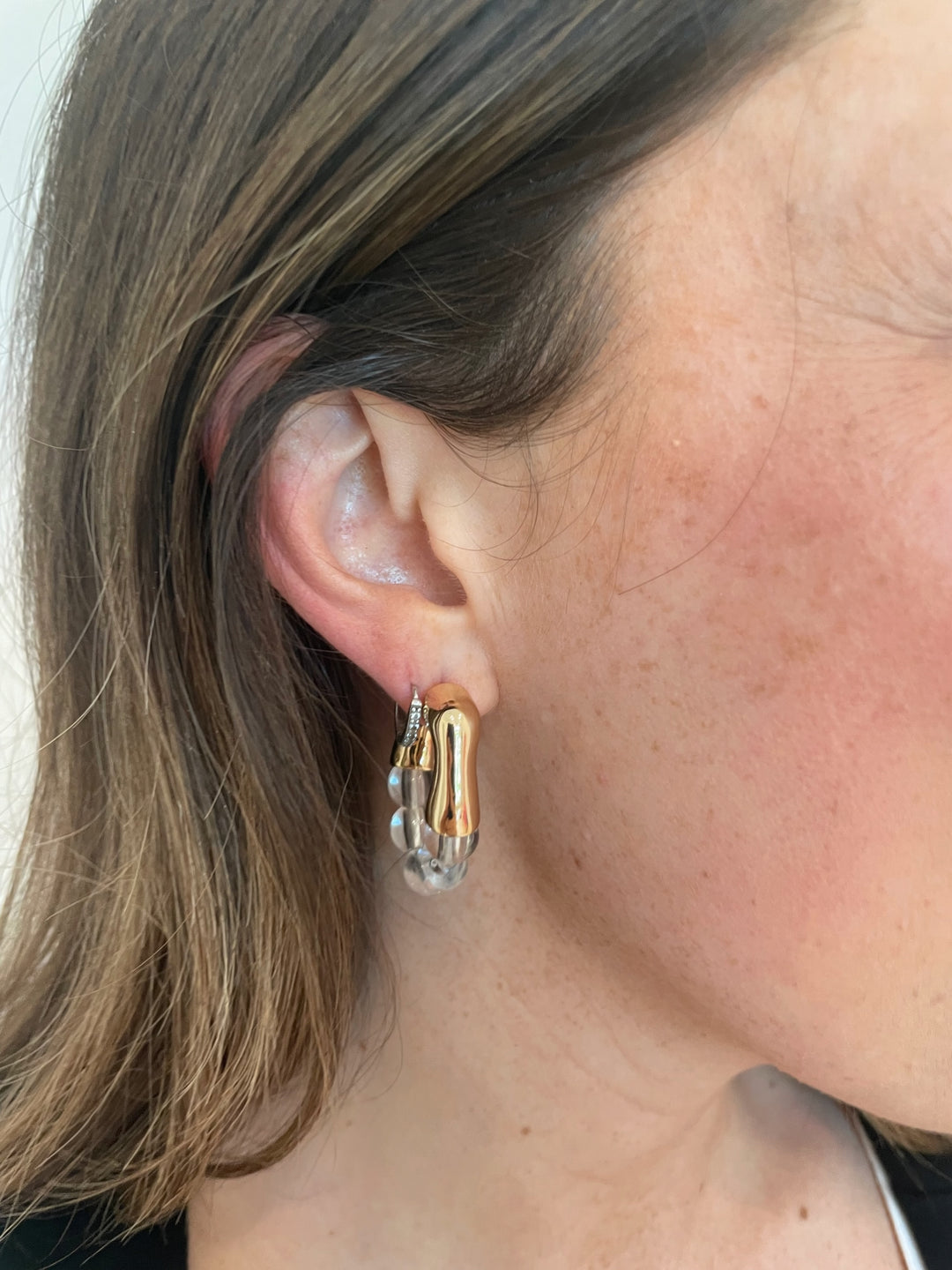 BK Jewelry Bali Metal Top Ball Bead Hoop Earrings in Clear/Gold available at Barbara Katz