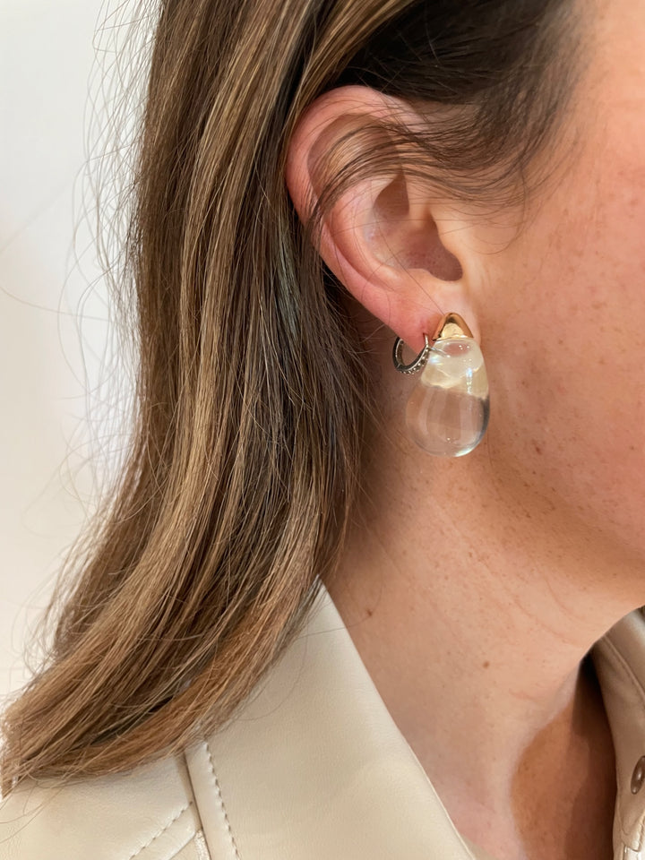 BK Jewelry Pila Pear Shape Ice Ball Hoop Earrings in Clear/Gold available at Barbara Katz