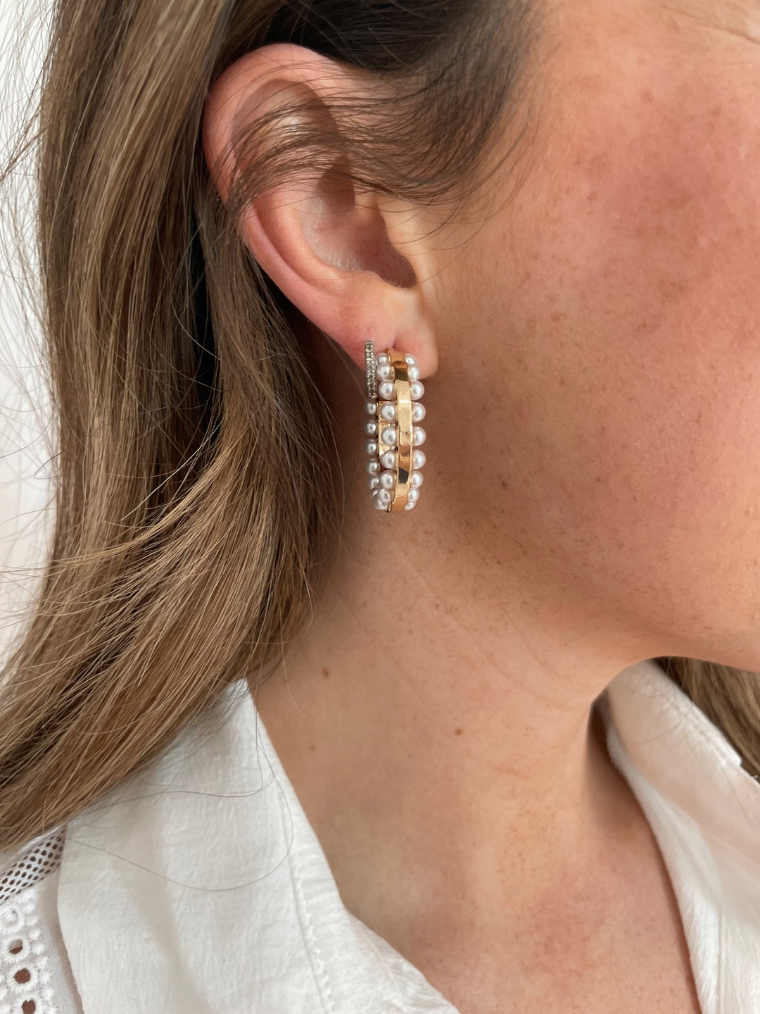 BK Jewelry Dallas Double Side Pearl Hoop Earrings in Cream/Gold available at Barbara Katz