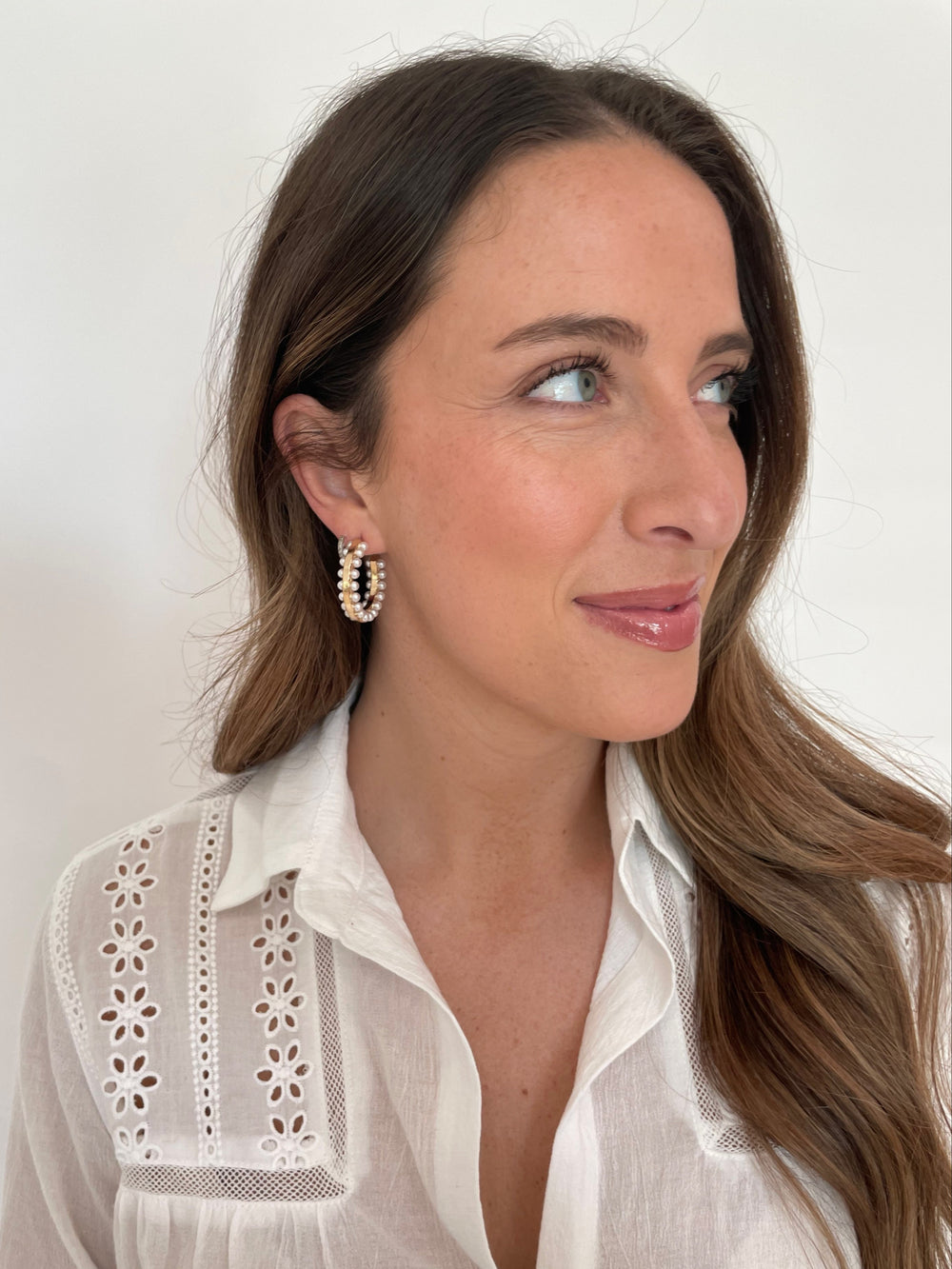 BK Jewelry Dallas Double Side Pearl Hoop Earrings in Cream/Gold available at Barbara Katz