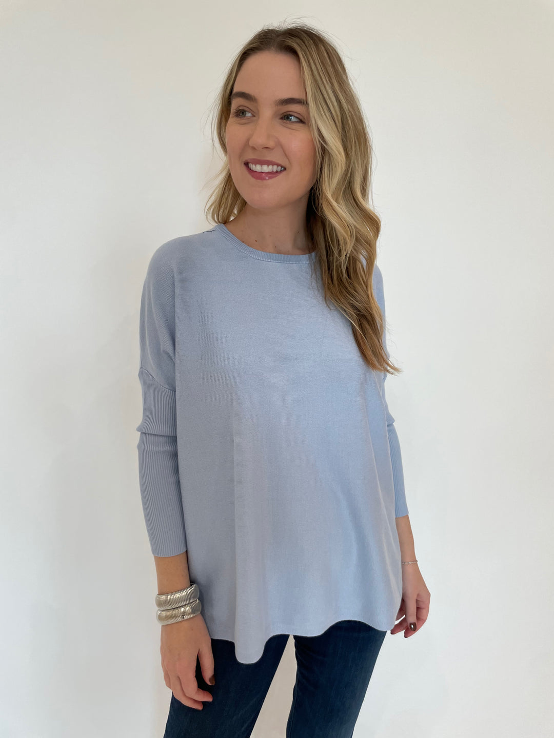 BK Sabrina Boxy Sweater in Dream Blue with BK Silver Cobra Cuffs available a t Barbara Katz