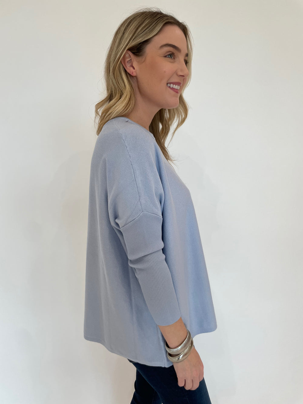 BK Sabrina Boxy Sweater in Dream Blue with BK Silver Cobra Cuffs available a t Barbara Katz