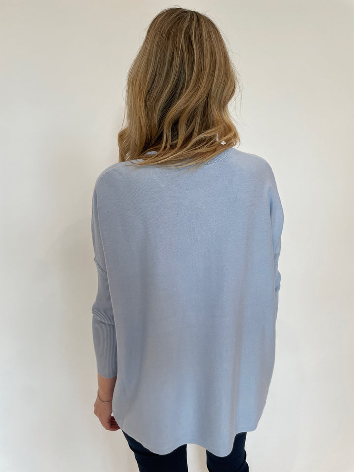 BK Sabrina Boxy Sweater in Dream Blue with BK Silver Cobra Cuffs available a t Barbara Katz
