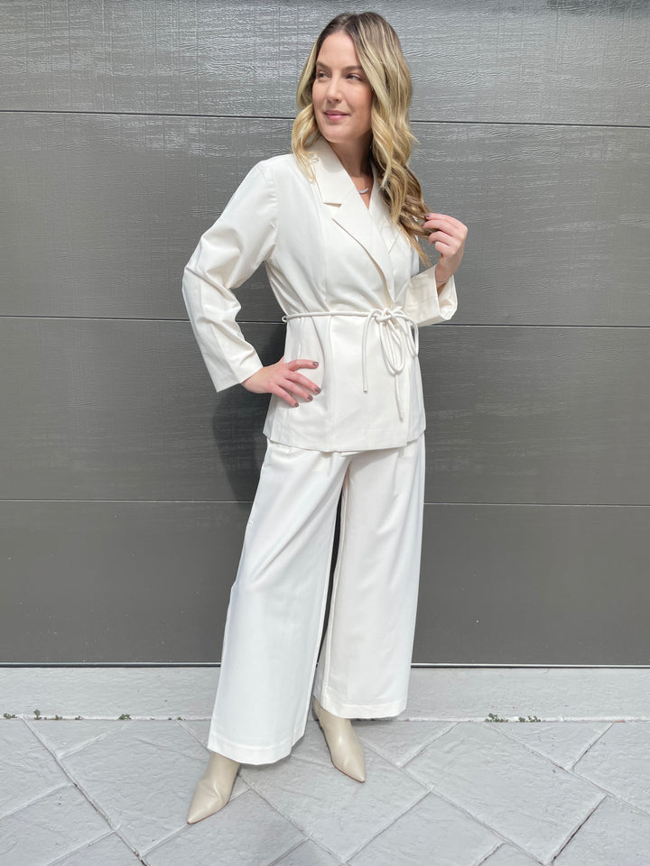 Lilla P. Notch Collar Blazer in Winter White paired with matching Wide Leg Pull-On Pants in Winter White, Alexis Bittar Solanales Gold Crystal Folded Mini Earring and Solanales Crystal Crescent Necklace available at Barbara Katz