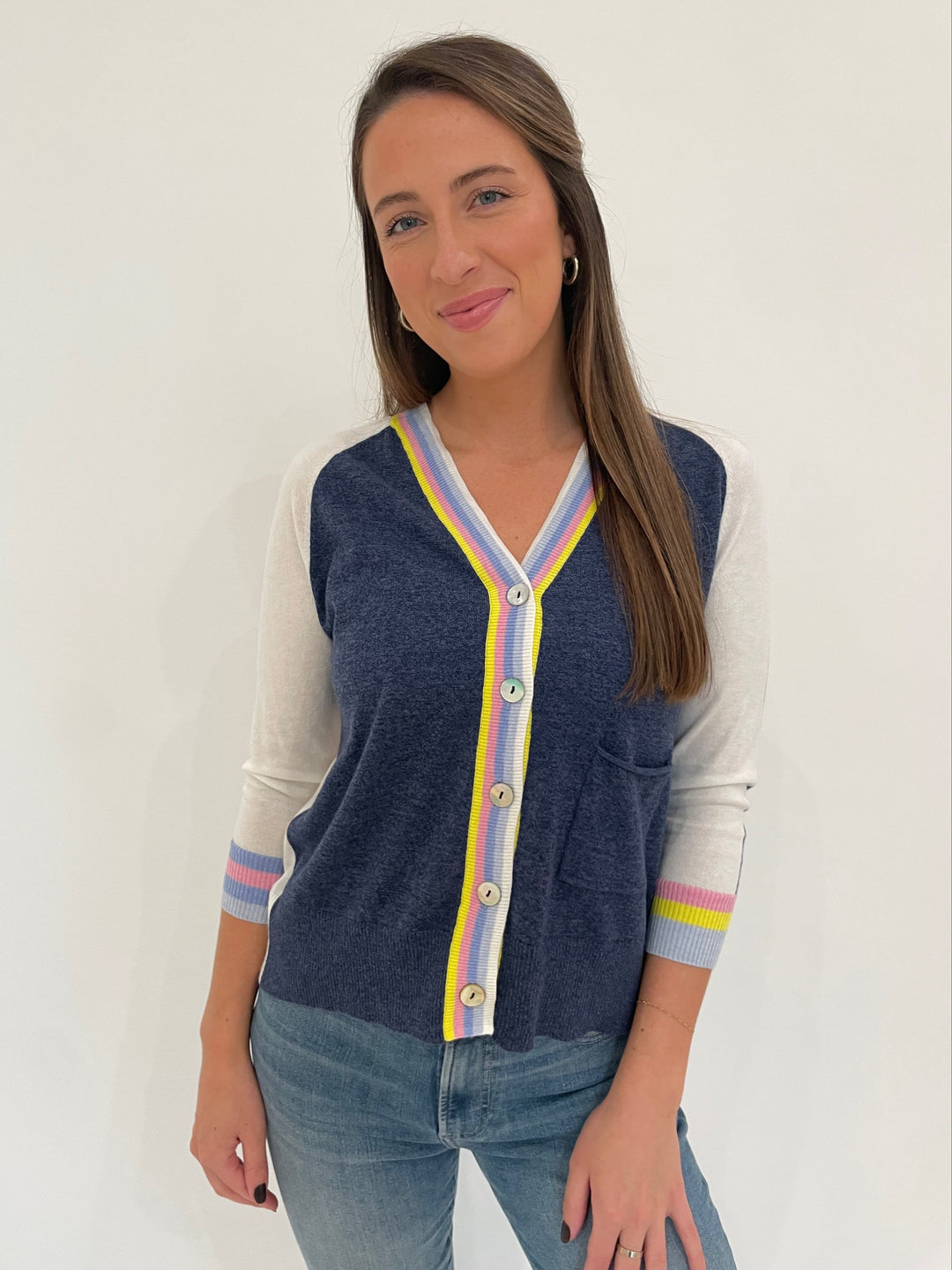 Zaket & Plover Aida Rainbow Stripe Cardigan in Denim available at Barbara Katz