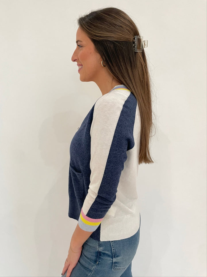 Zaket & Plover Aida 3/4 Sleeve Stripe Cardigan in Denim available at Barbara Katz