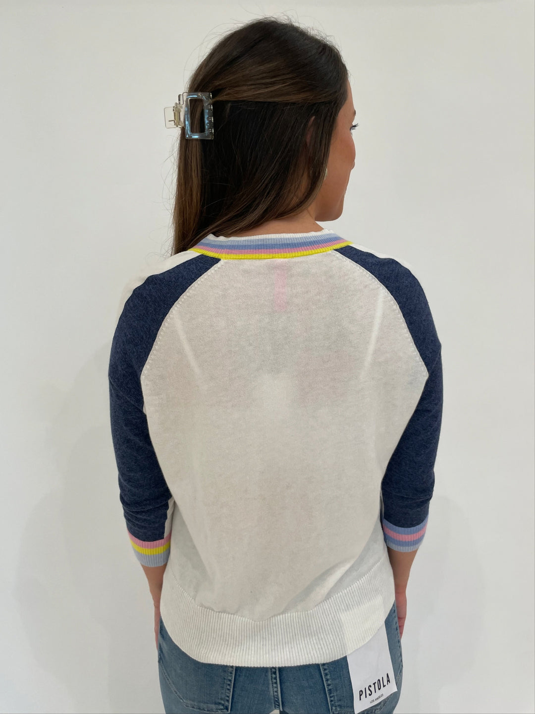 Zaket & Plover Aida Rainbow Stripe Knit Cardigan in Denim available at Barbara Katz