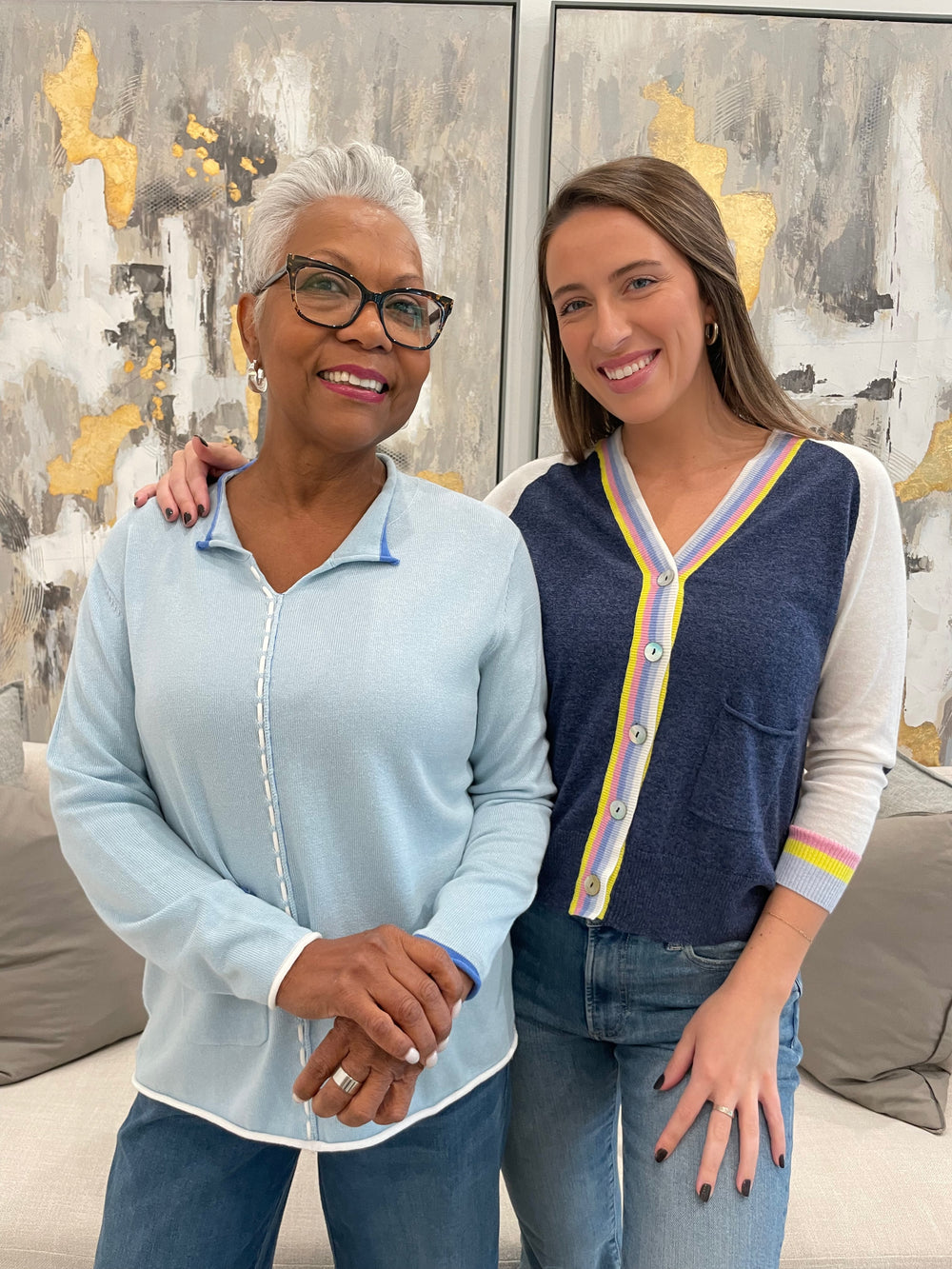 Zaket & Plover Louise Thread Detail Sweater in Sky and Aida Stripe Cardigan in Denim available at Barbara Katz