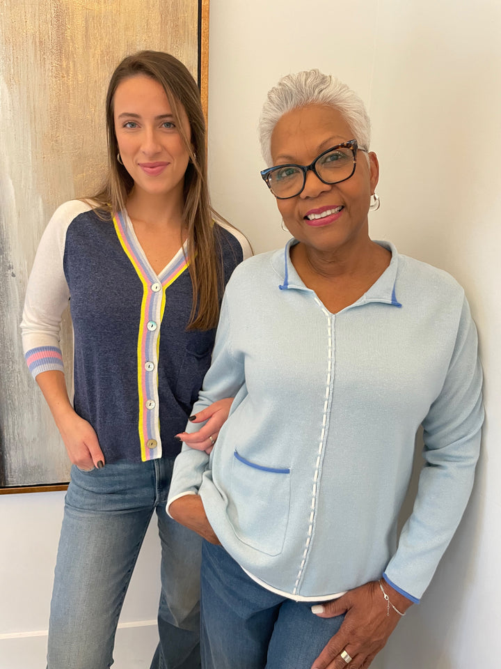 Zaket & Plover Aida Stripe Cardigan in Denim and Louise Thread Detail Sweater in Sky available at Barbara Katz