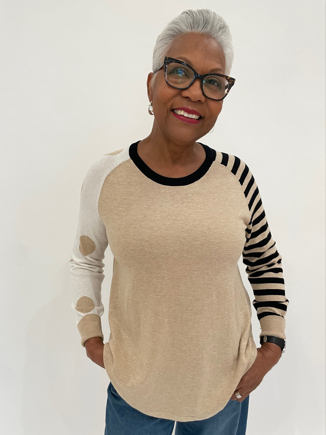 Zaket & Plover Betsy Spots & Stripes Sweater in Crema available at Barbara Katz