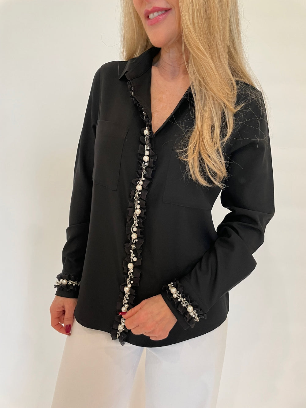 Suzy T Crepe Button-Down Shirt With Ruffles & Pearls in Black available at Barbara Katz