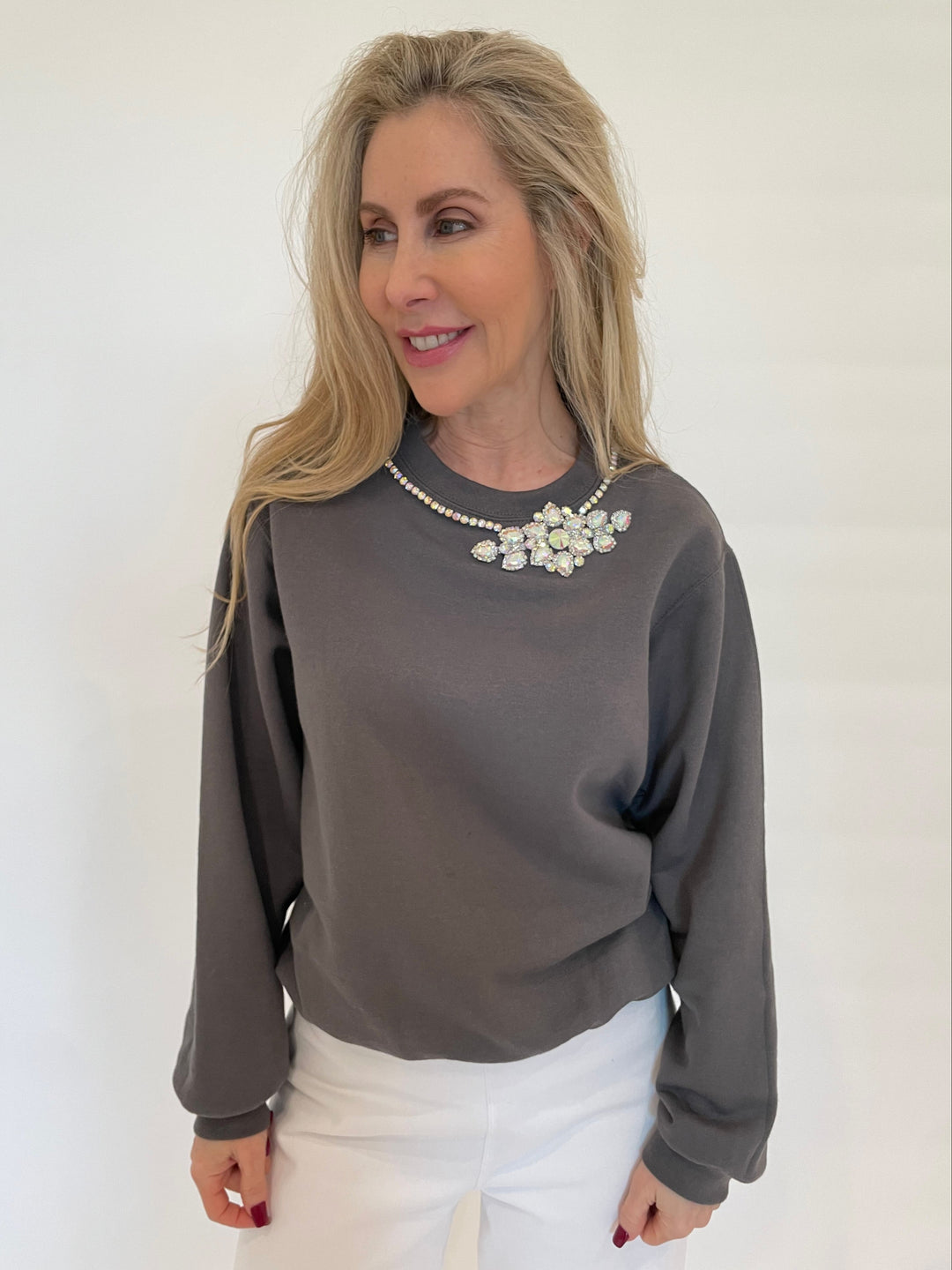 Suzy T Lisse Crew Sweater With CZ in Grey available at Barbara Katz