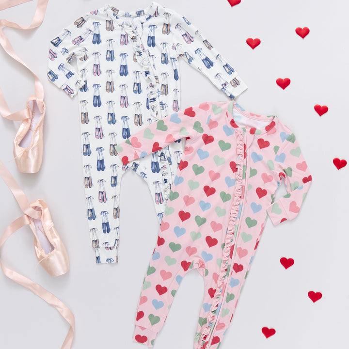 Pink Chicken Baby Girls Ruffle Bamboo Romper in Ballet Slippers available at Barbara Katz