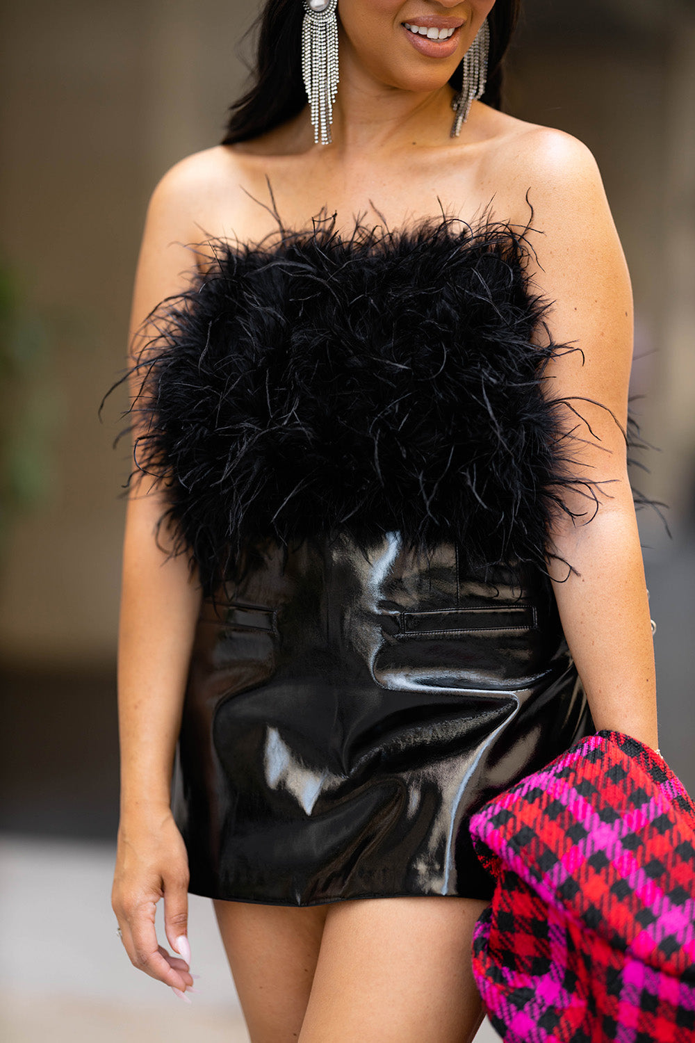 BuddyLove Fancy Strapless Feather Crop Top in Black available at Barbara Katz