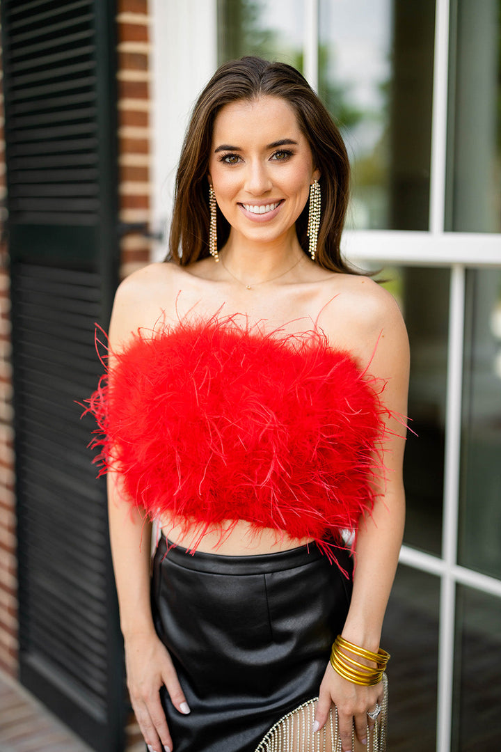 BuddyLove Fancy Strapless Feather Crop Top in Crimson available at Barbara Katz