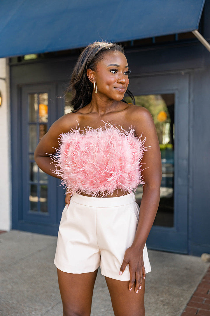 BuddyLove Fancy Strapless Feather Crop Top in Rose Gold available at Barbara Katz
