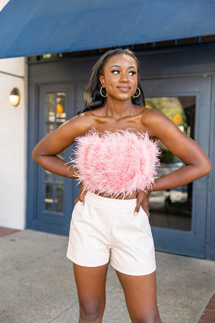 BuddyLove Fancy Strapless Feather Crop Top in Rose Gold available at Barbara Katz