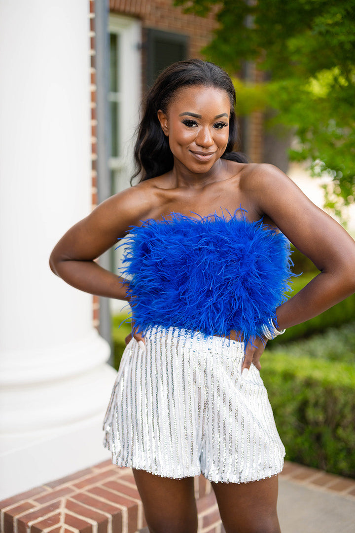 BuddyLove Fancy Strapless Feather Crop Top in Royal Blue available at Barbara Katz